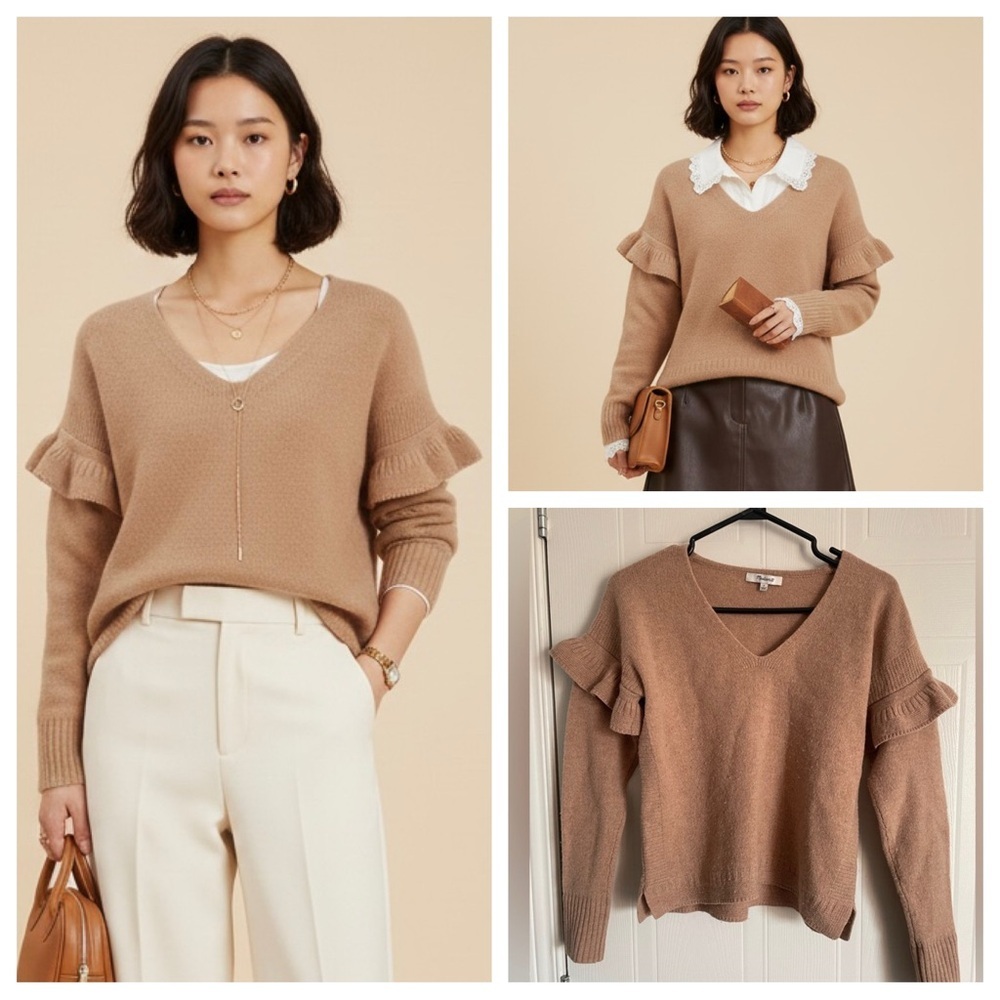 Madewell 100% Merino Wool Ruffle Sweater Knit Pullover Coquette Soft Girl